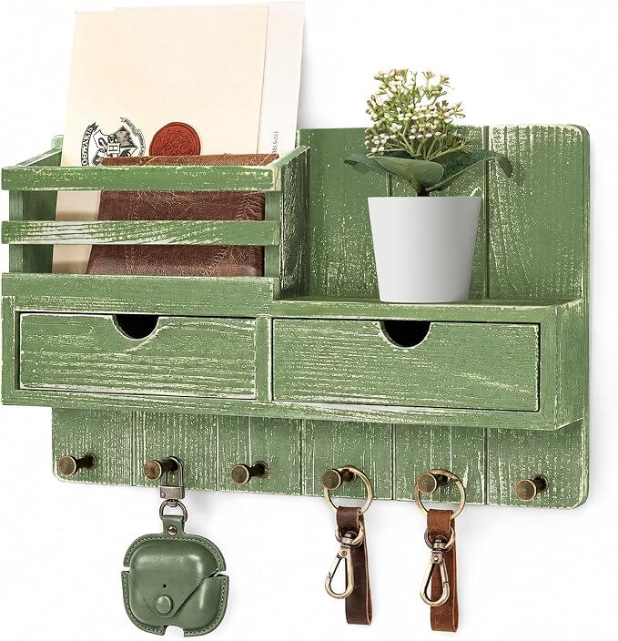 Rebee Vision Key Holder Wall Mount with 2 Drawers for Home Decor, Green | Mail Organizer for Wall, 6 Key Hooks, Drawer Organizer, Letter Storage, Plant Display, Apartment Essentials for Aesthetic