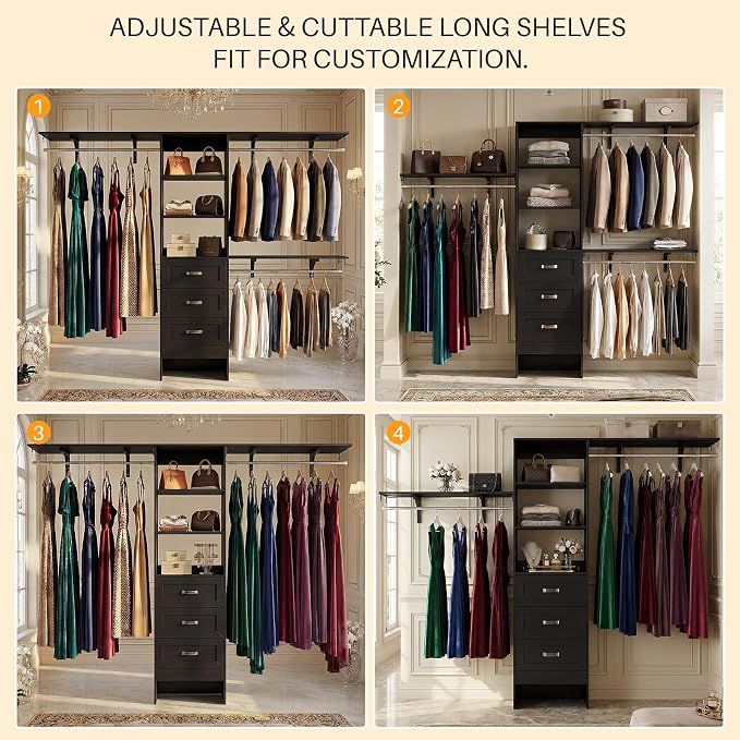 8FT Closet System with 3 Curved Drawers, 96'' Wooden Walk-in Closet Organizer with 3 Top Shelves, Adjustable Organizer System with 3 Hanging Rods, Built-in Wardrobe Storage Rack for 4-8 ft, Black