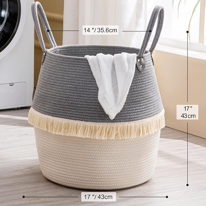 KAKAMAY Woven Baskets for Storage(17"x17"),Large Cotton Rope Woven Baby Laundry Hamper,Collapsible Laundry Basket, Blanket Basket for Organizing Living Room,Nursery,Pillows,Toy Chest(Grey)
