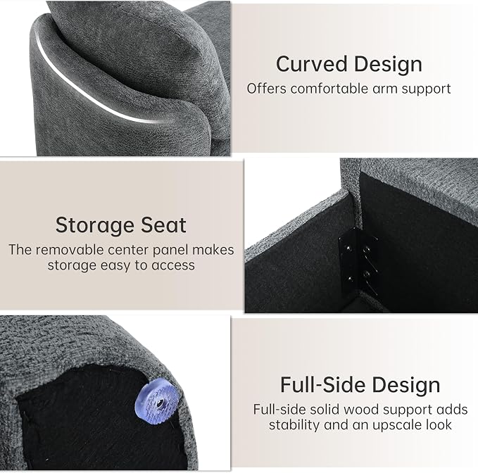 Usaint 58.3" Upholstered Storage Ottoman Bench with 2 Pillows, Charcoal | End of Bed Bench with Curved Arms and Thickened Seat Cushion for Bedroom, Livingroom, Window, Entryway and Dressing Areas