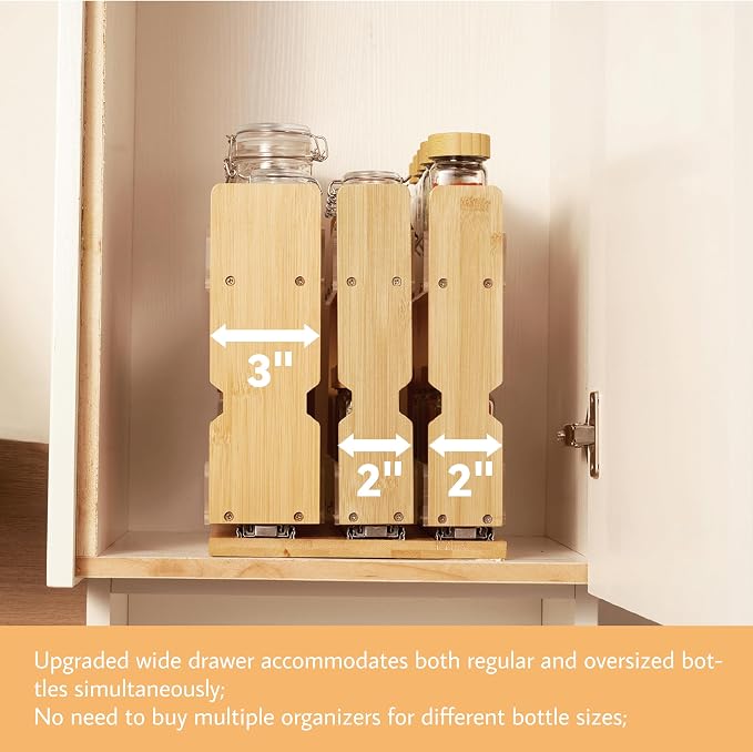 Bamboo Pull Out Spice Rack Organizer for Cabinet, 3 Slide-Out Drawers(2"&3") with Wide Drawer for Large Bottles, Kitchen Pantry Heavy-Duty Sliding Vertical Organization, 8.6"W,2-Tier,Natural