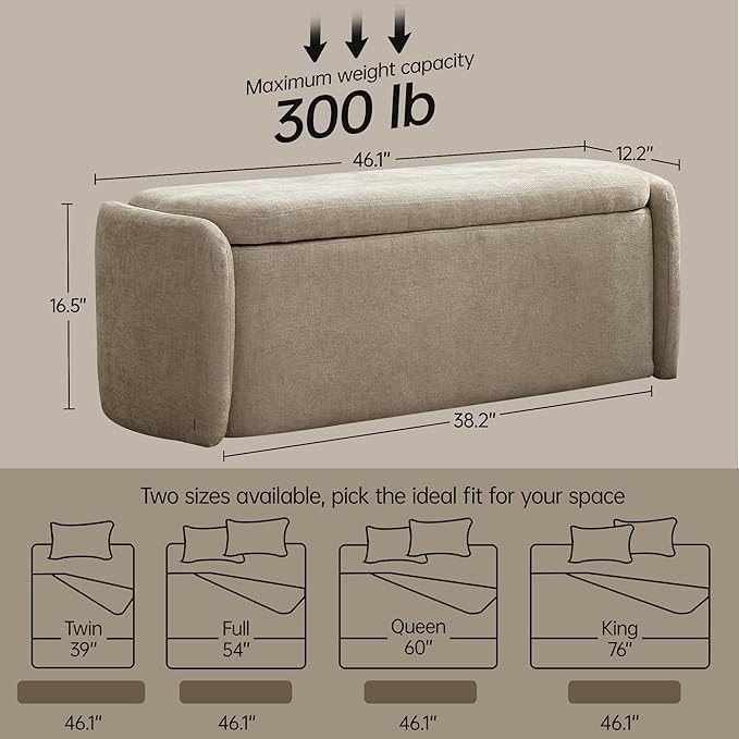VKNOW Storage Bench, Upholstered Storage Ottoman Bench with Hinge, Khaki | Ottoman Bench with Large Capacity, Curved Frame, Soft Fabric, Storage Bench for Bedroom, Living Room, Entryway, Window