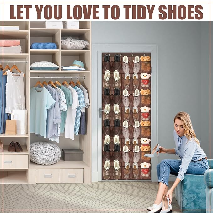 Windyun 40 Over the Door Shoe Organizer Large Breathable Mesh Pockets Hanging Shoe Rack for Closet Brown Behind Door Hanger Storage Holder Nonslip Hooks for Women Men Entryway Bedroom Utility Room