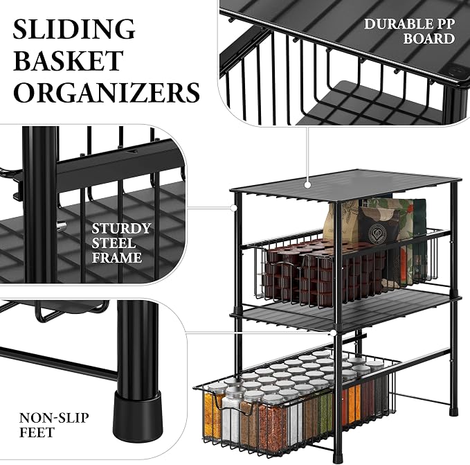 Simple Houseware Wired Stackable Under Sink Cabinet Sliding Basket, Black | Free Standing Organizer Drawer, Kitchen/Pantry/Cabinet/Counter