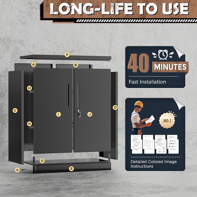 INTERGREAT Metal Storage Cabinet with Locking Doors, Lockable Steel Storage Cabinets with 2 Doors and Shelves, Black Metal Cabinets with Lock, Small Steel Cabinet for Office, Garage, Home, Shop