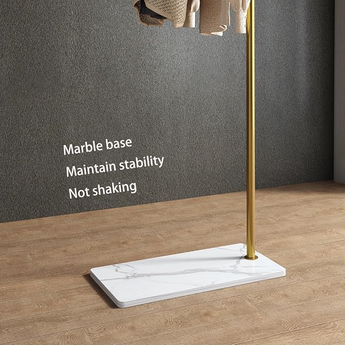 Gold clothing rack with Marble Base,Modern clothes racks for hanging clothes,7-shaped coat rack Freestanding Small garment rack Clothes Hanging Rack for Small Space,Bedroom or cloakrooms