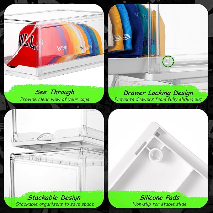 Vtopmart 4 Pack Stackable Baseball Caps Organizer, Each Holds 12 hats | with Sliding Drawer, Magnetic Door, Stackable, Transparent