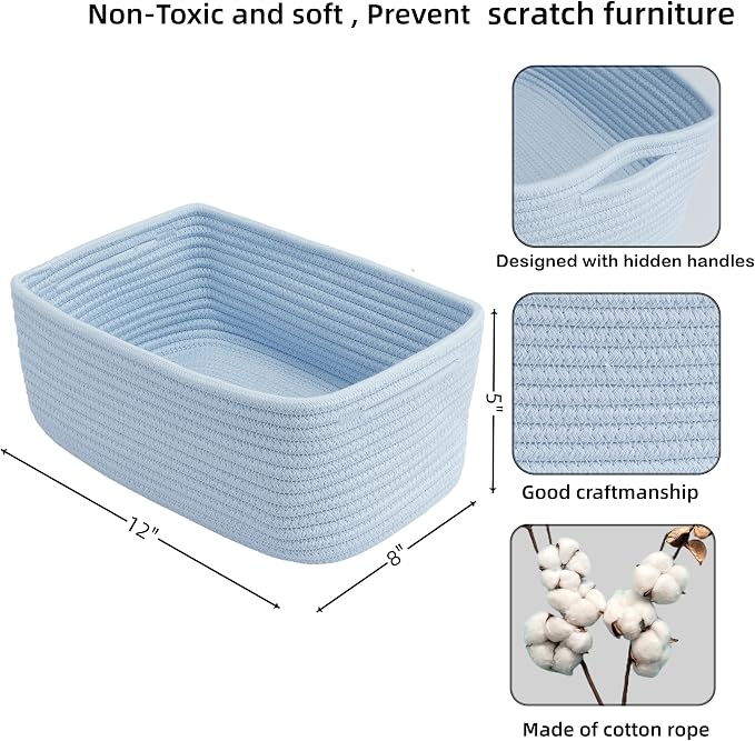 XUANGUO Small Woven Storage Baskets for Shelves, 12" x 8" x 5", Blue | Decorative rope storage bins for closets and toy storage; cute organizer baskets, empty gift baskets and nursery storage.