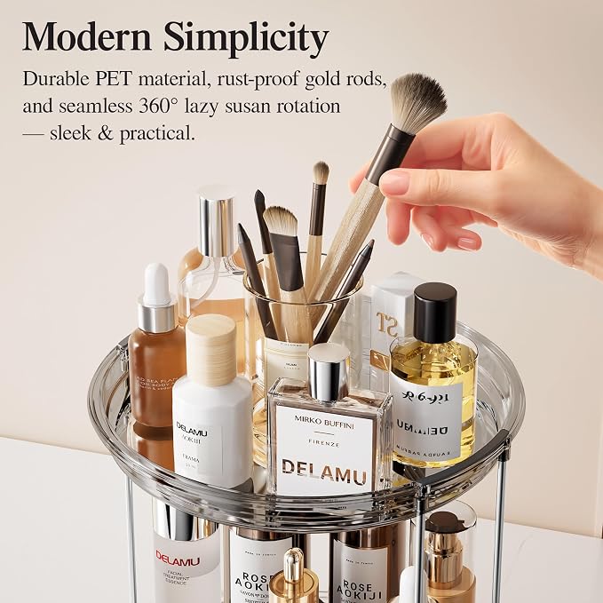 Delamu 2 Tier Rotating Makeup Organizer for Vanity, Skincare Organizer for Bathroom Counter, Spinning Perfume Organizer Cosmetic Holder with Large Capacity, Grey