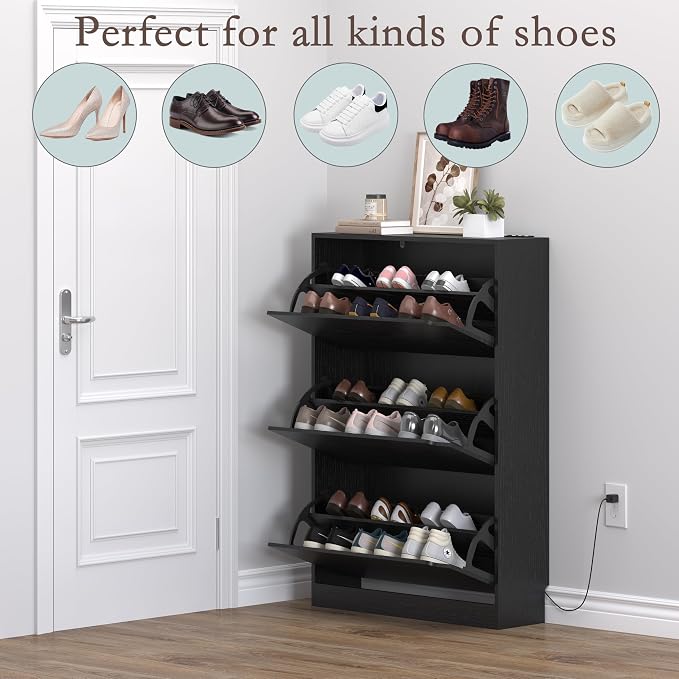 BORNOON Shoe Cabinet with Odor Control and Back Panels, Deodorizing Slim 3-Flip Shoe Storage Cabinet for Entryway, Freestanding Hidden Shoe Rack Organizer for Entrance, Hallway, Bedroom