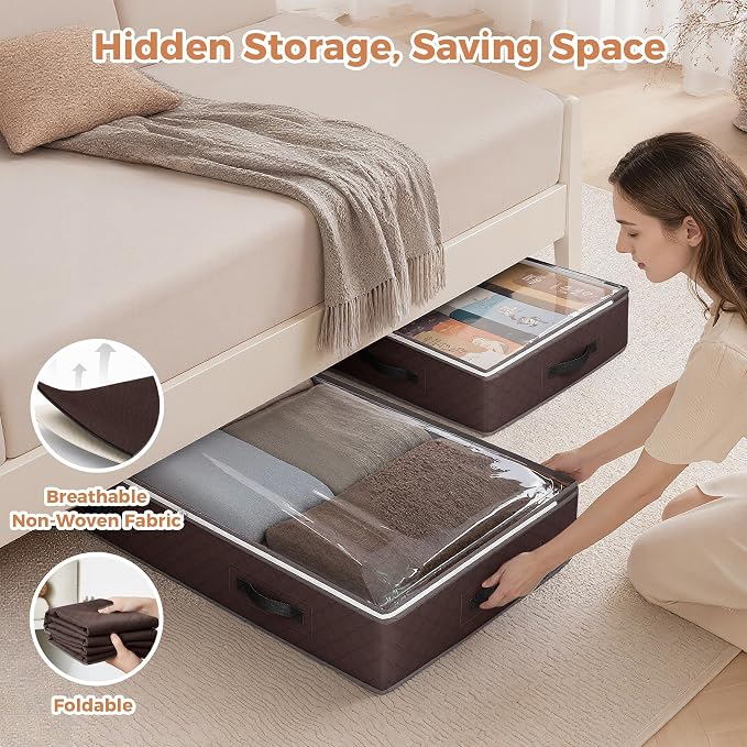Budding Joy 6 Pack 90L Under bed Storage Containers Brown | Clothes storage bins foldable storage bags with clear window for blanket, comforter, sweaters, pillows, wrapping paper