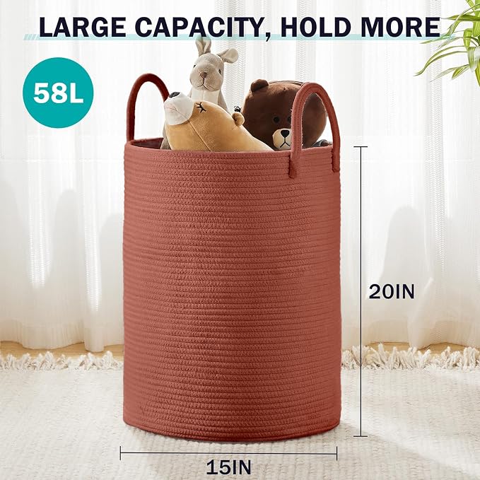 YOUDENOVA Cotton Rope Laundry Hamper Basket, 58L Blanket Basket for Nursery | Large Woven Laundry Hamper with Sturdy Handles, Collapsible Home Decor Laundry Basket for Laundry, Clothes, Toys in Bedroom