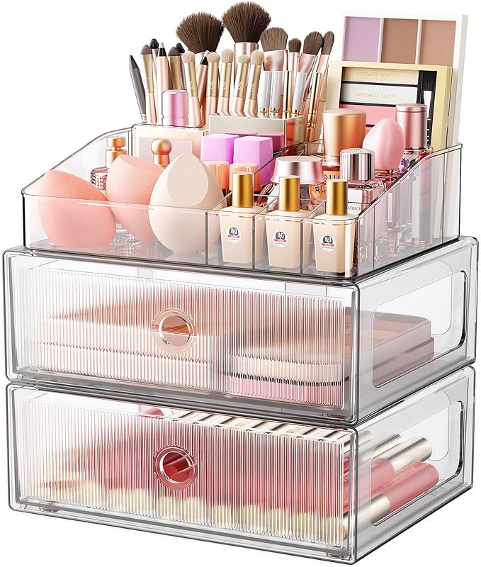3 Tier Clear Makeup Organizer with Drawer, PET Cosmetic Storage for Dresser, Countertop & Bathroom Vanity, Holders for Lipstick, Brushes, Skincare & Beauty Supplies