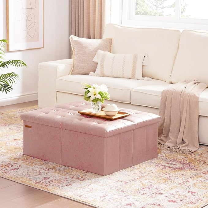 HAUSFRAU Ottoman with Storage Bench Folding Foot Rest Baby Pale Pink | 31.5", Flip Lid, Small Upholstered Foldable Footrest Footstool, Bedroom Bench, Living Room Dorm Ottoman, Faux Leather