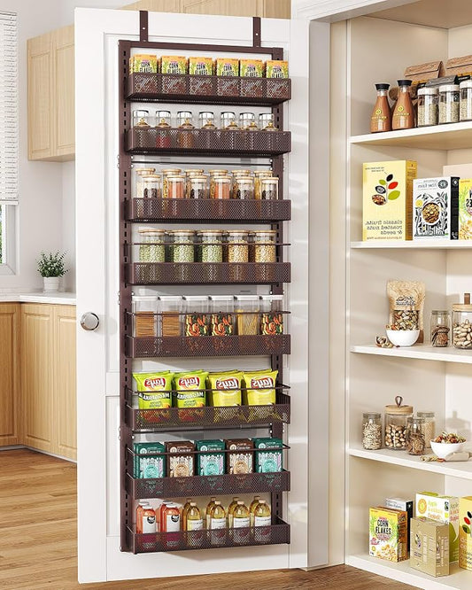 SNTD 8 Tiers Over the Door Organizer - Height Adjustable Pantry Organizers and Storage with Dense Mesh Baskets, Anti-Swing Hanging Door Spice Rack for Kitchen Bathroom (Bronze, 17" W x 6" D x 69" H)
