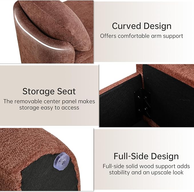 Usaint 58.3" Upholstered Storage Ottoman Bench with 2 Pillows, Rusty Red | End of Bed Bench with Curved Arms and Thickened Seat Cushion for Bedroom, Livingroom, Window, Entryway and Dressing Areas