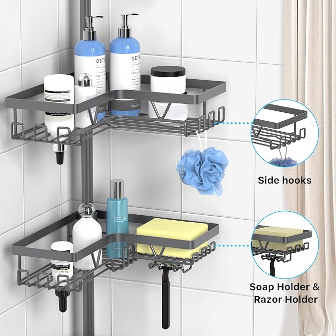 KEGII Corner Shower Caddy Tension Pole, Bathroom Rack, Dark Gray | 4-Tier, Large Capacity Shower Organizer with 28 Hooks, Space-Saving Rustproof Storage for Shampoo Towels and Accessories