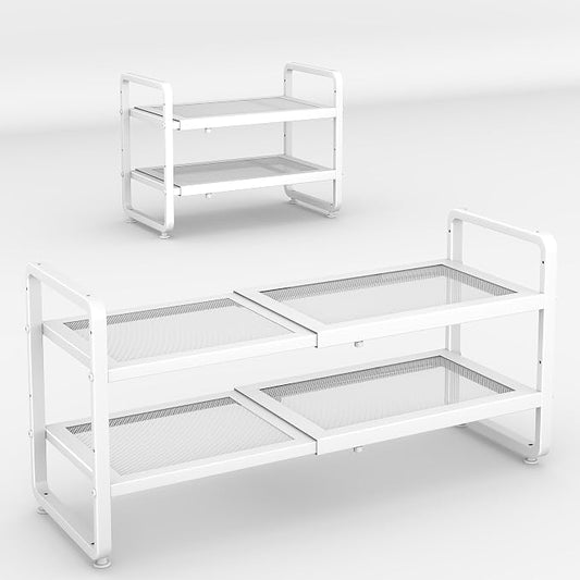SAYZH 2-Tier Expandable Shoe Rack for Closet, Adjustable Metal Shoe Organizer with Sturdy Mesh Shelves for Boots & Heels, Stackable Shoe Storage for Entryway, Garage, Small Spaces (White, 2-Tier)