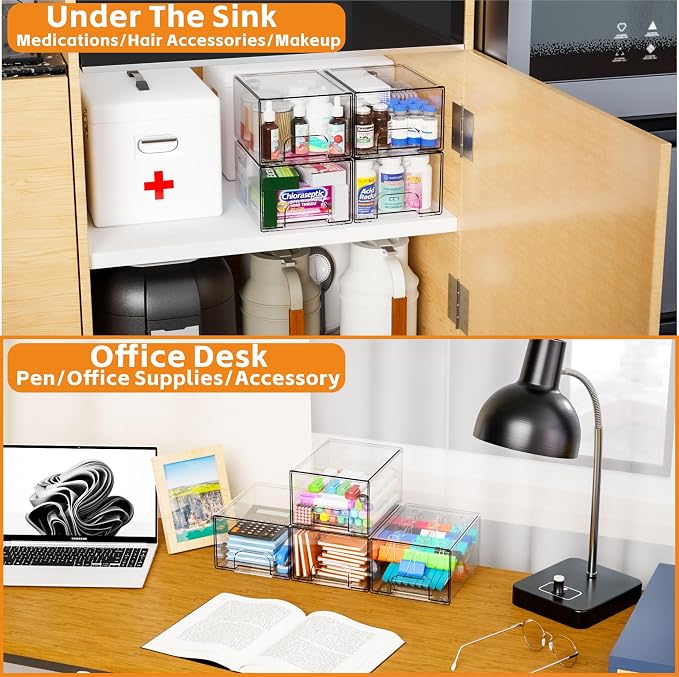 4 Pack Clear Stackable Storage Drawers,4.4'' Tall Acrylic Drawer Containers for Organizing,Bathroom Organizers and Storage Bin Box,Plastic Makeup,Medicine Organizer Bins for Cabinet,Undersink