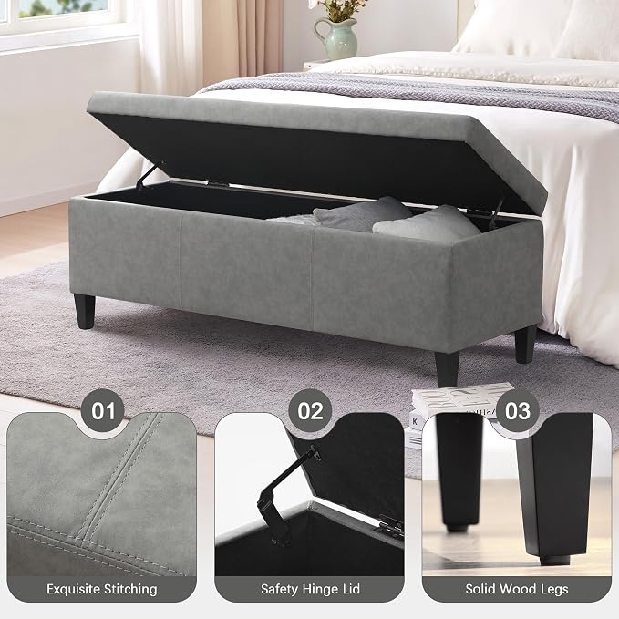 Storage Ottoman Bench 50.3" Faux Leather Upholstered End of Bed Bench, Grey | Hidden Storage Accent Ottoman for Living Room, Bedroom, Entryway, Wooden Legs, Safety Hinges, Load up to 300lb