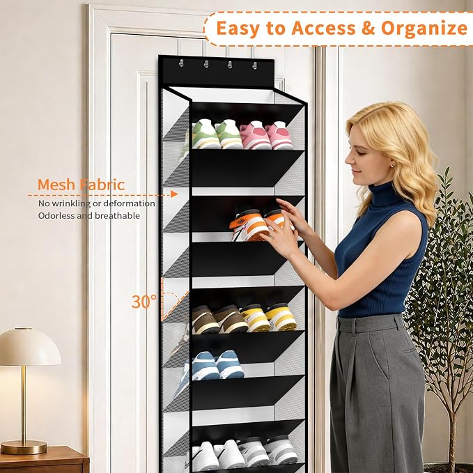 KEEPJOY 10-Tier Over Door Mesh Shoe Organizer with Large Deep Pockets, Hanging Door Shoe Storage Rack That Holds 20–30 Pairs of Sneakers, Boots and Other Footwear (Piano White)