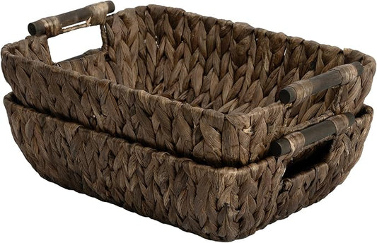 StorageWorks Wicker Baskets for Organizing, Woven Basket with Wooden Handles, Wicker Storage Baskets, Brown, 2-Pack