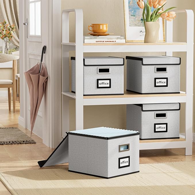 File Organizer Box with Lids, Collapsible File Folder Organizer | File Box with Plastic Slides for Document, Filing Bin for Letter Size Hanging File Folders (1 Pack, Light Gray)