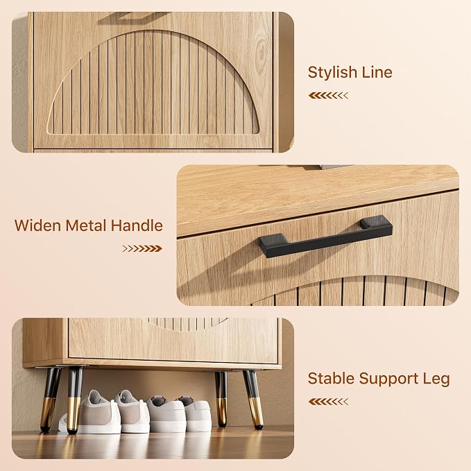 Farmhouse Shoe Cabinet Storage for Entryway, Slim Shoe Rack Cabinet with 3 Flip Drawers, Narrow Shoe Organizer Cabinet with Stylish Round Panel, Metal Leg and Handle