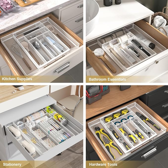 Sedegn Expandable Kitchen Utensil Organizer - 11.6" to 20" Adjustable | Cutlery Tray with 6-8 Compartments - Fits Various Drawer Sizes & Holds Large Ladles Spatulas Forks Spoons & Knives White