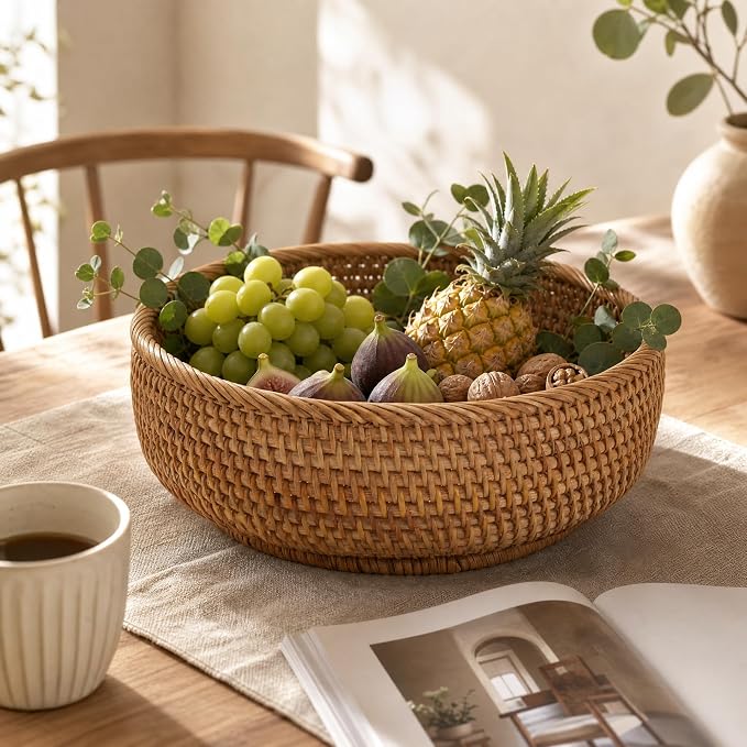10.6" Large Round Rattan Bread Fruit Basket – Wicker Storage Basket Serving Bowl, Decorative Tabletop Food Basket for Kitchen Counters, Towel Organizer Dining Centerpieces Home Organization (L)