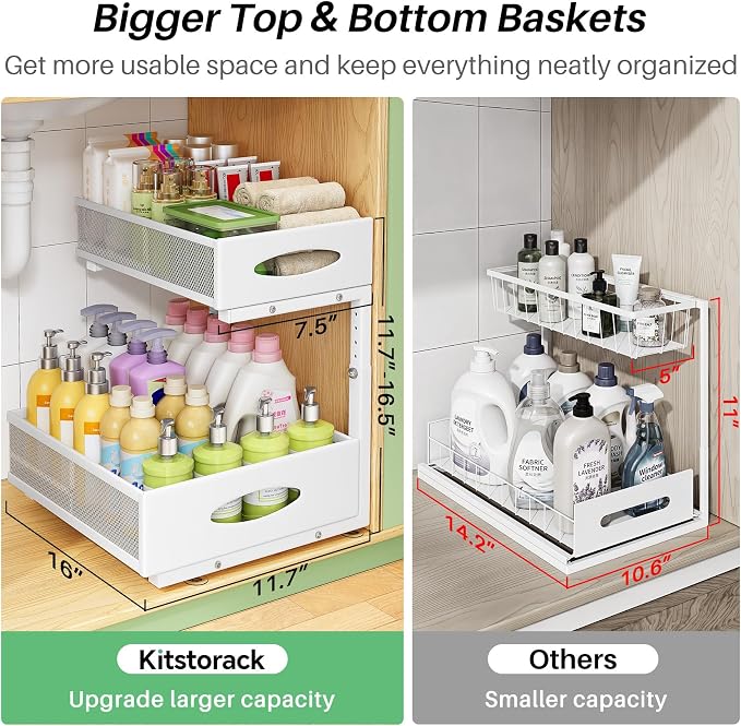 Under Sink Organizer, 1-Pack Pull Out Cabinet Organizer 2 Tier Metal Slide Out Storage Shelf Rack, L-Shaped Adjustable Height,Mesh Sliding Drawer for Kitchen, Bathroom, Laundry, Pantry, White, XL
