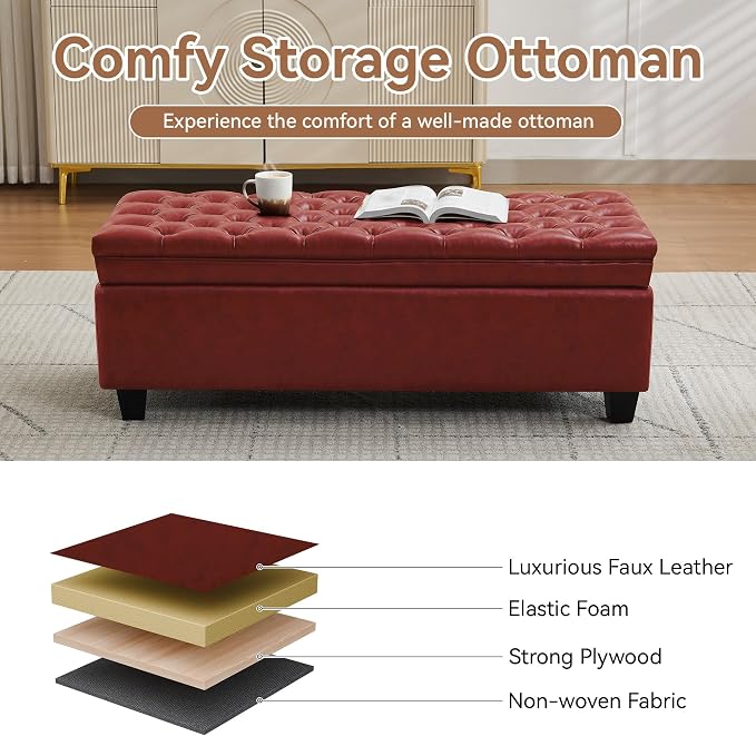WUTUTUEE 50" Faux Leather Storage Ottoman Bench, End of Bed Upholstered Rectangle Storage Ottoman Tufted Living Room Bedroom Bench with Safety Hinge, Solid Wood Legs, Loads 500 lb(Red)