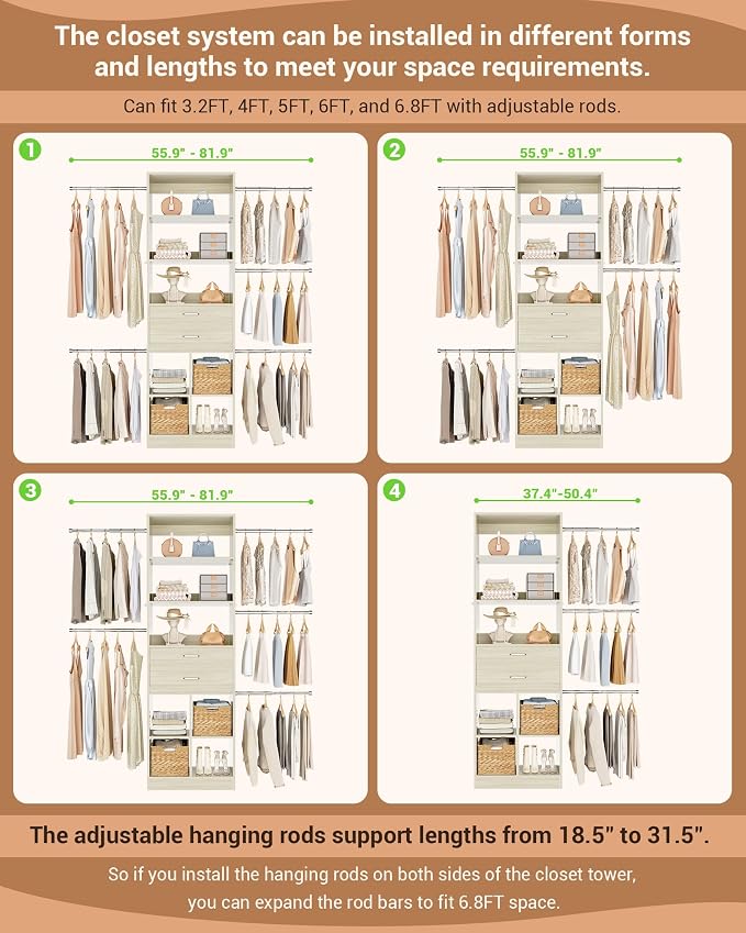 Besiost Small Closet System, 3.2-6.8FT Small Closet Organizer with 5 Hanging Rods, Can Fit 37.5 to 81.9 inch Walk-in Closet System, Built-in, Greige Oak, Enclosed Storage Volume 2.32 ft³