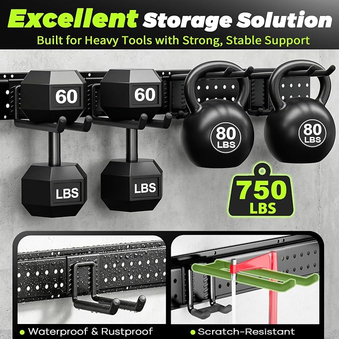 Garage Tool Organizer Wall Mount, 99 Inch Heavy Duty Garage Organization System with 18 Adjustable Hooks, Garden Tool Storage Rack for Garage, Yard & Shed, Holds Up to 750 lbs