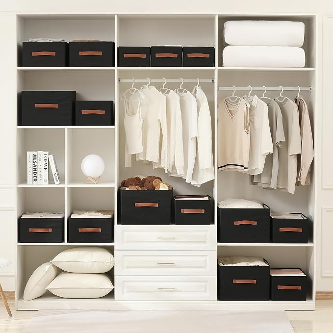 linen closet organizers and storage, 3 Pack Large Storage Baskets, Washable, Clothing Storage Bins with Handle, Closet Organizer for Storage Sweater,Sheets (Black, 16" x9½x6¾)