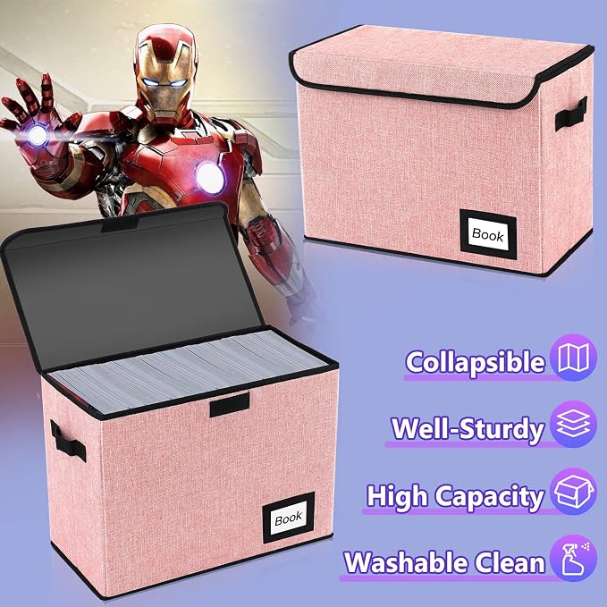 2 Pack Comic Book Storage Box, Comic Protector Organizer, 15.8" X 7.8" X 11.8", Collapsible Comic Short Box, Holds 160-180 Comic Book Container Holder Shelf Bin (Pink)