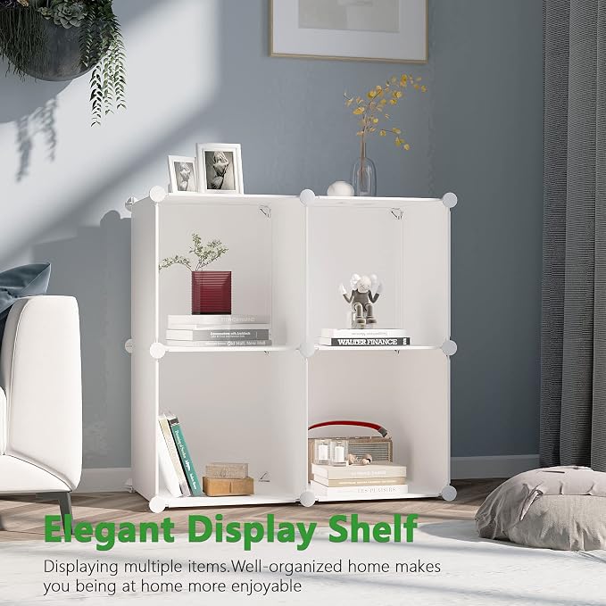 C&AHOME Plastic Cube Storage Organizer, 4-Cube Shelves Units, Milky | DIY Modular Bookshelf, Portable Closet Organizers and Storage Ideal for Bedroom, Office, 24.8" L x 12.4" W x 24.8" H