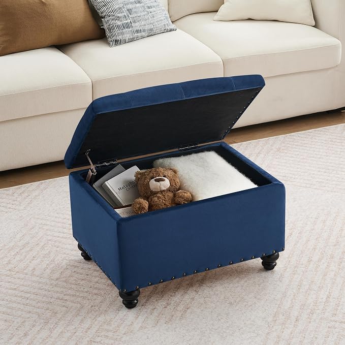 Zihanhome Velvet Storage Ottoman Bench, Button Tufted Ottoman with Hidden Storage, Upholstered Foot Rest Stool with Solid Wood Legs for Living Room, Bedroom, Entryway & Small Spaces (Sapphire Blue)