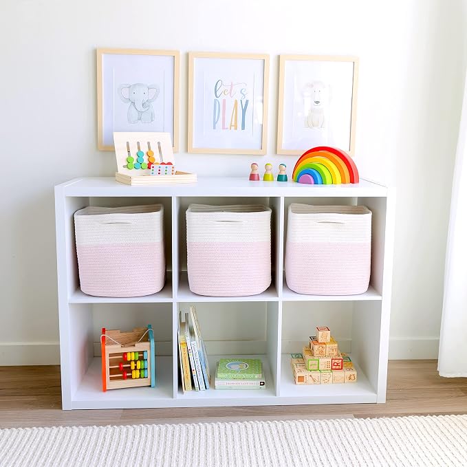 NaturalCozy Storage Cubes 11 Inch Cotton Rope Woven Baskets for Organizing, 3-Pack | Cube Storage Bin | Square Storage Baskets for Shelves Organizer, Classroom, Kids Toy Bins, Closet, Baby Nursery