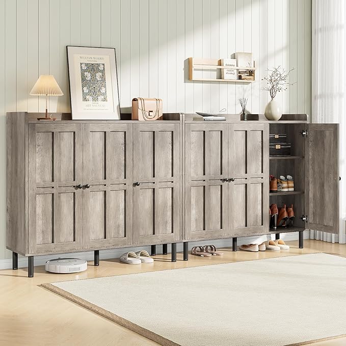 ONBRILL Shoe Cabinet with 3 Doors and Adjustable Shelves, 30 Pairs Shoe Storage Cabinet, 40 Inch Tall Farmhouse Shoe Rack Shoe Organizer Cabinet for Entryway Living Room Closet, Gray Wash