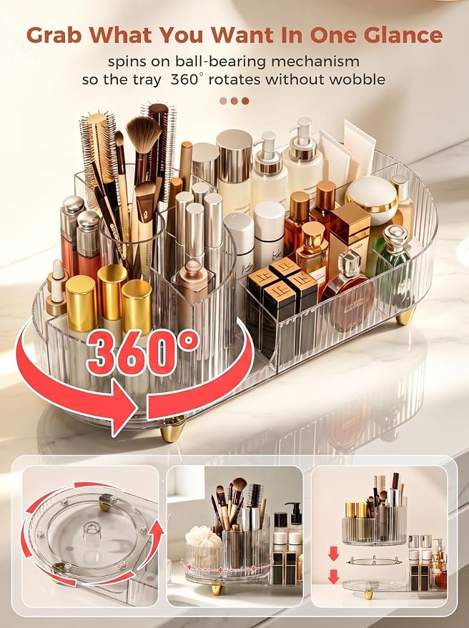 Booklov Rotating Makeup Organizer for Vanity Countertop, Clear | Clear Acrylic Cosmetic Display Case, Large Beauty Brush Holder for Bathroom Counter, Skincare Lipsticks Storage