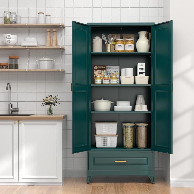 UNICOLY 75" Kitchen Pantry Cabinet,Metal Storage Cabinet with Drawer, | Tall Storage Cabinet with Doors and 4 Shelves,for Kitchens, Living Room, Dinning Room, Assembly Required, Green