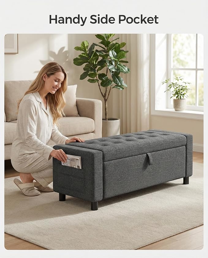 Amada 46" Ottoman with Storage, Side Pocket, Safety Hinge, Dark Gray | 30 gallon (112 liter) hidden storage, holds 400 lbs, 0.35" thicker wood panels, 3.14" thick foam, for end of bed, living room
