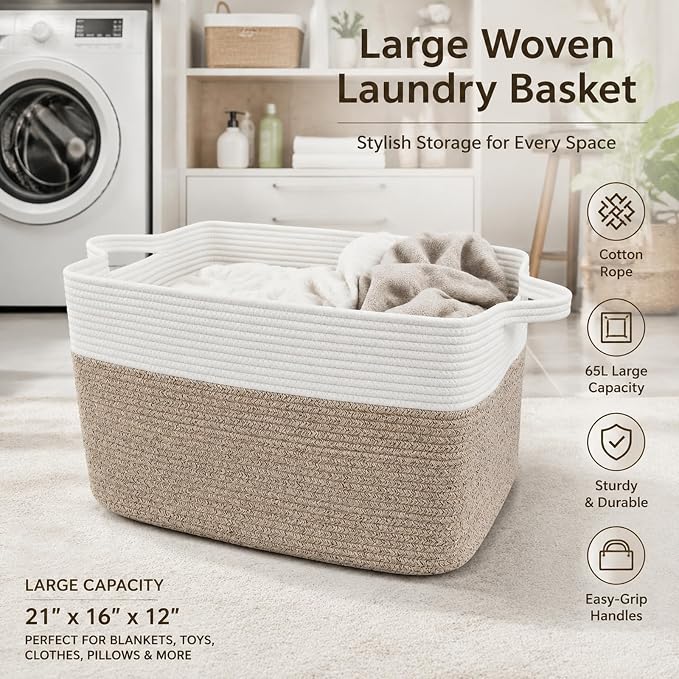 65L Collapsible Woven Rope Laundry Basket with Handles-White/Brown | 21x16x12 Foldable Rectangular Blanket Basket for Toys, Clothes & Pillows,Ideal for Nursery, Bathroom, Bedroom, Living Room