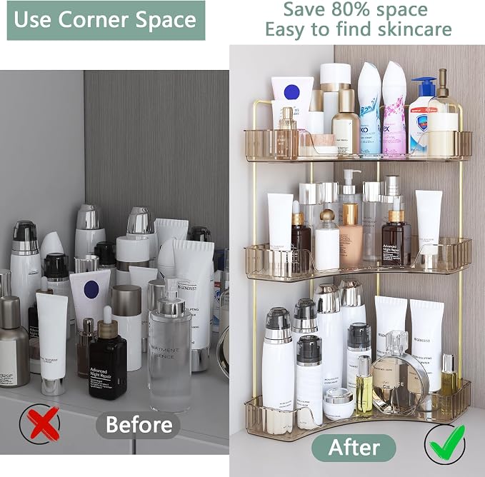 Webetop 3 Tier Corner Bathroom Organizer Countertop for Skincare & Dresser | Multi-Purpose For Toiletries/Perfume, Easy Wipe-Clean Surface, Stable Triangular Base, Generous Shelf Depth, Modern Look
