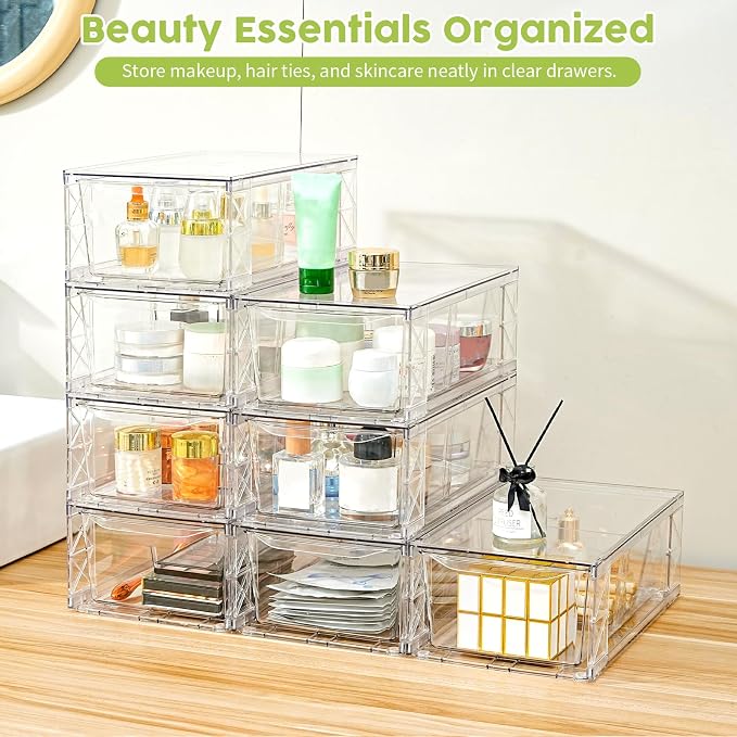 8 Pack Acrylic Storage Drawers, Clear Stackable Storage Drawers, Acrylic Organizers Drawers for Under Sink, Pantry, Bathroom, Makeup Organizers Cosmetic Display,Classroom Storage Organization, Medium