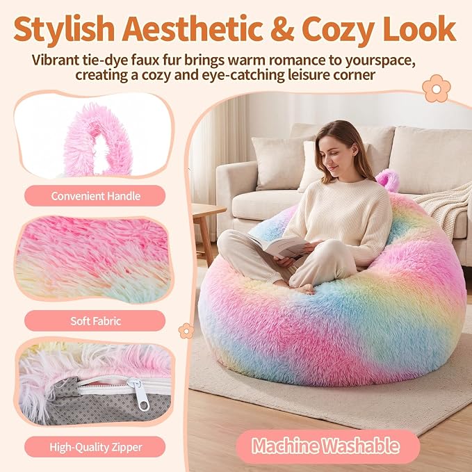 Stuffed Animal Storage Bean Bag Chair Cover, Soft Bean Bag Cover | Fluffy Faux Fur Stuffed Animal Storage Chair, Non-Slip Bottom, Fill with Plush Toys or Blankets, for Adults Teens Kids Girls