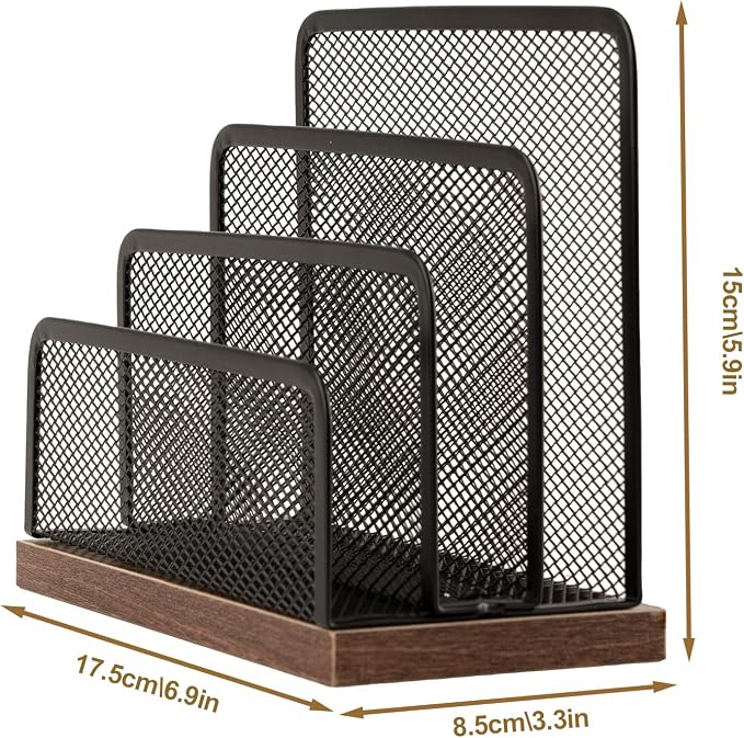 Wooden Desk Mail Organizer, Desktop File Organizer Metal Mesh with 3 Vertical Upright Compartments, Mail Sorter Letter Organizer Rack for Letters, Postcards, Brochures, Mail Holder (2 Pack Black)