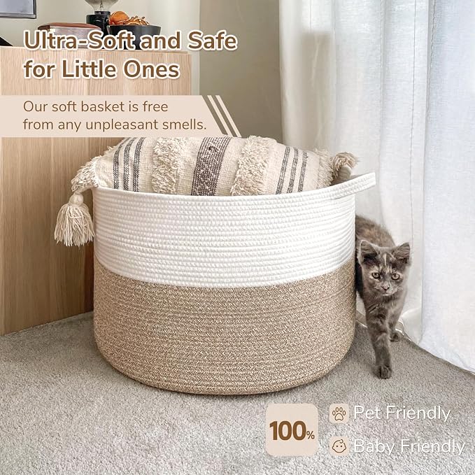 INDRESSME XXXLarge Woven Rope Blanket Basket Living Room Light Brown, 90L | 21.7" x 13.8" Storage baskets for toys laundry & pillows. Fits living room, bedroom or nursery décor. Soft-touch with handles