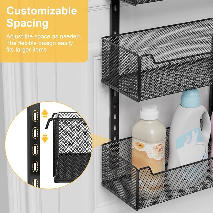 VyGrow Over the Door Organizer, 8-Tier Pantry Organizer with Fully Enclosed Mesh Baskets, Heavy-Duty Metal Hanging Spice Rack for Kitchen Bathroom Laundry Room, 2-in-1 Wall Mount or Door Mount, Black